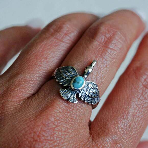 Boho Chic Native American Guardian Hawk Turquoise Ring: Size 7, 8,10, Gift Box - Picture 11 of 12